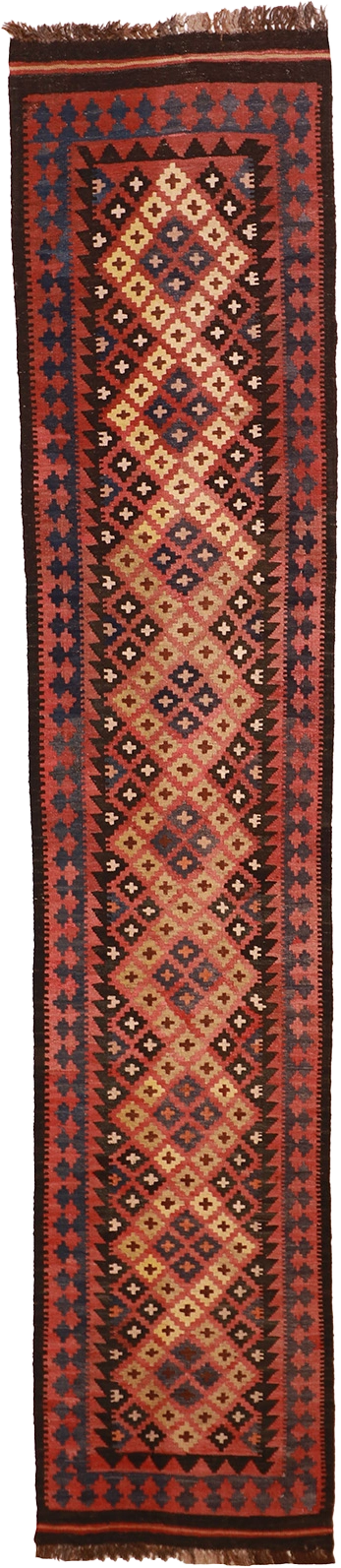 W2.6 L 12.8 Kilim Runner 100% Wool Hand-Woven Geometric Design - 16044