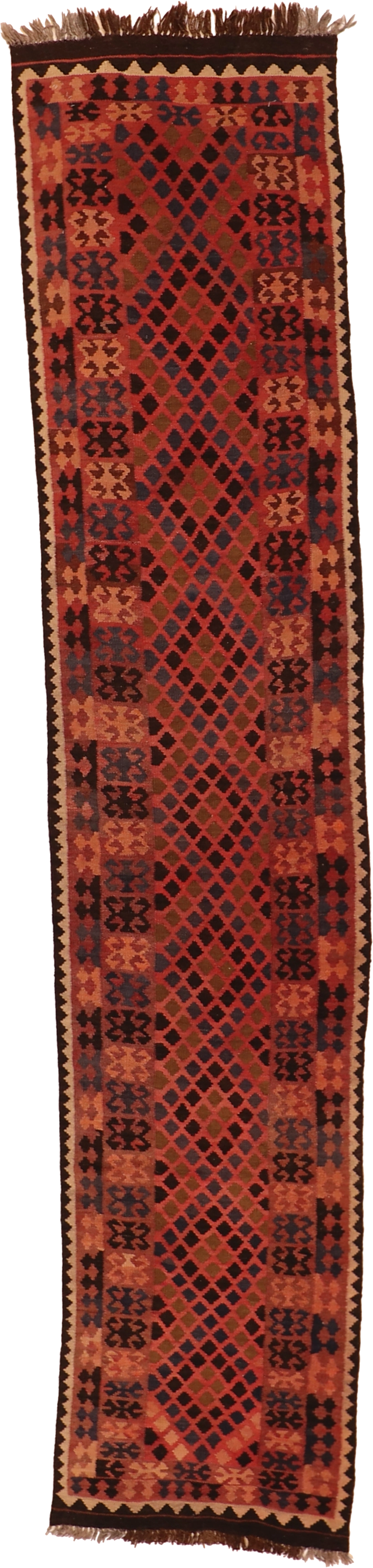 W 2.7 L 12.2 Kilim Runner 100% Wool Hand-Woven Geometric Design - 16084