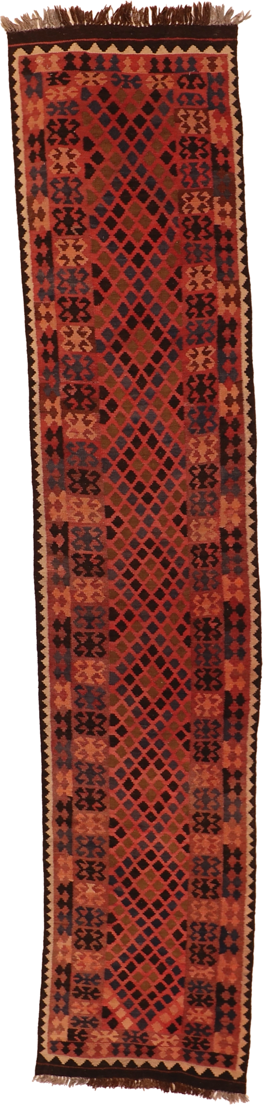 W 2.7 L 12.2 Kilim Runner 100% Wool Hand-Woven Geometric Design - 16084