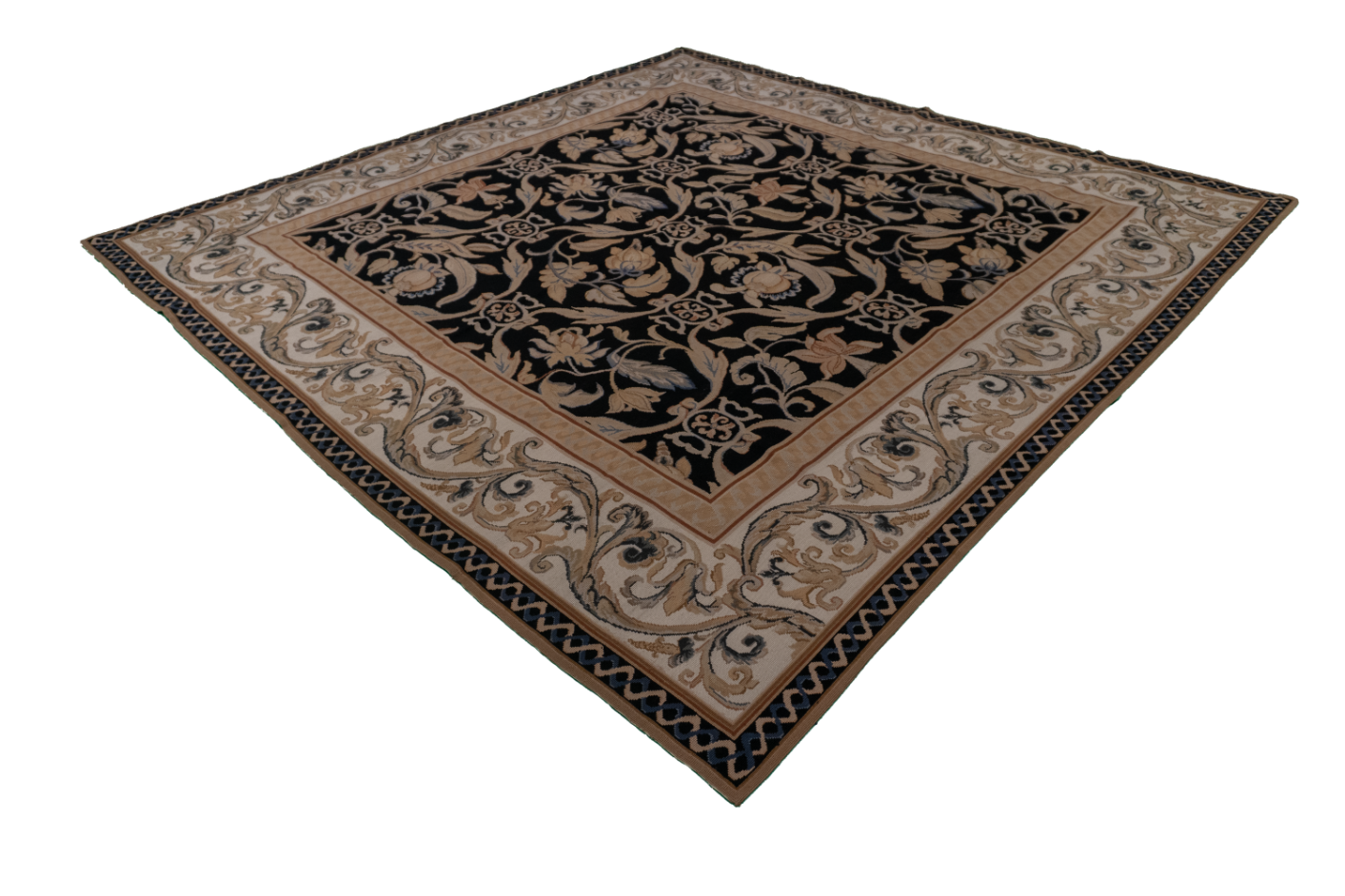 W 7.11 - L 7.11 - Needle Point Wool Floral Square - Finest Hand-Made Quality Wool - 16212