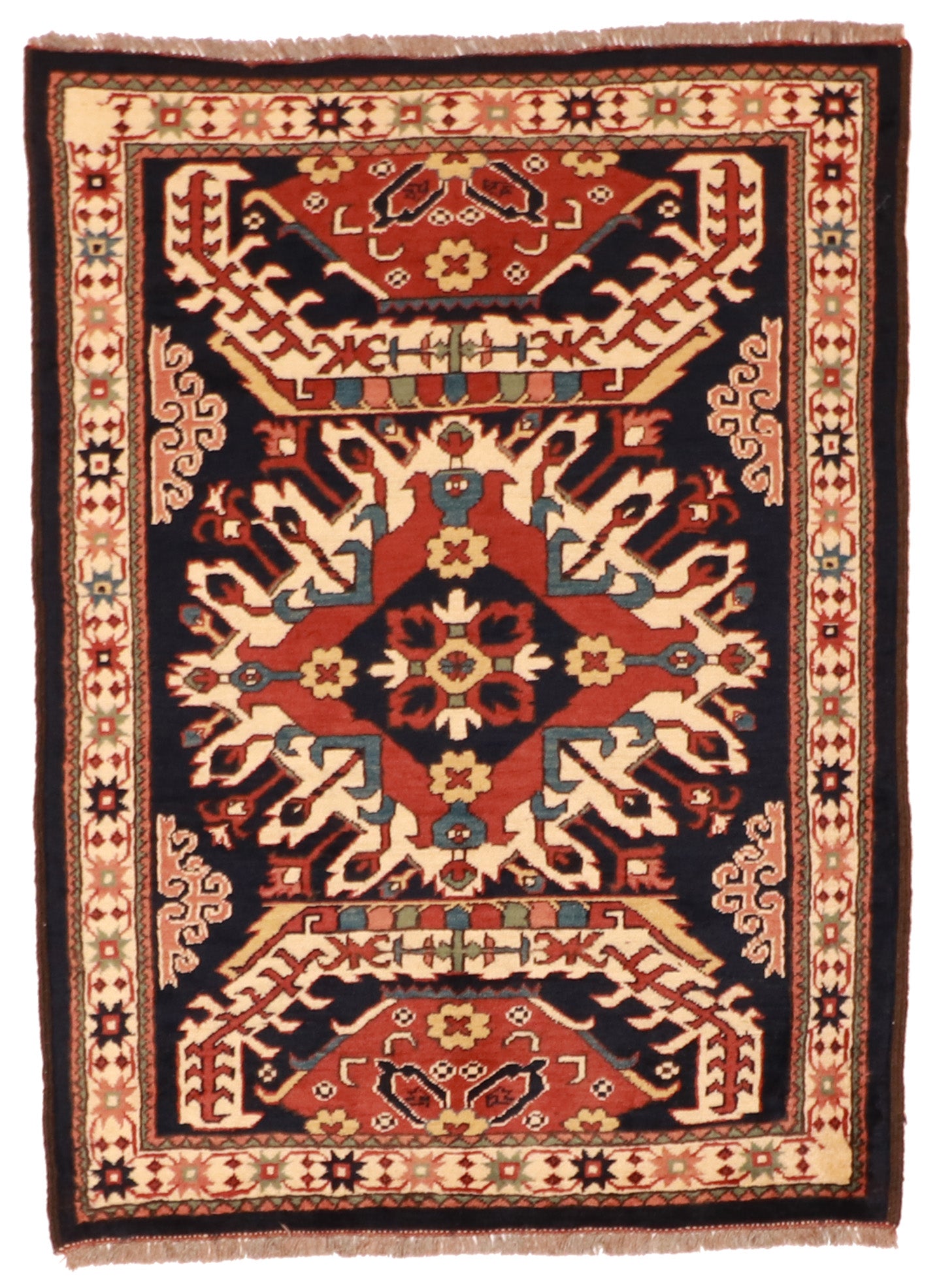 W 3.4 L 4.6 Kazak 100% Wool Hand-Woven Geometric Design - 16839