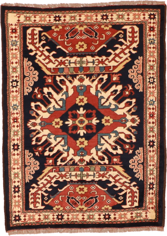 W 3.4 L 4.6 Kazak 100% Wool Hand-Woven Geometric Design - 16839