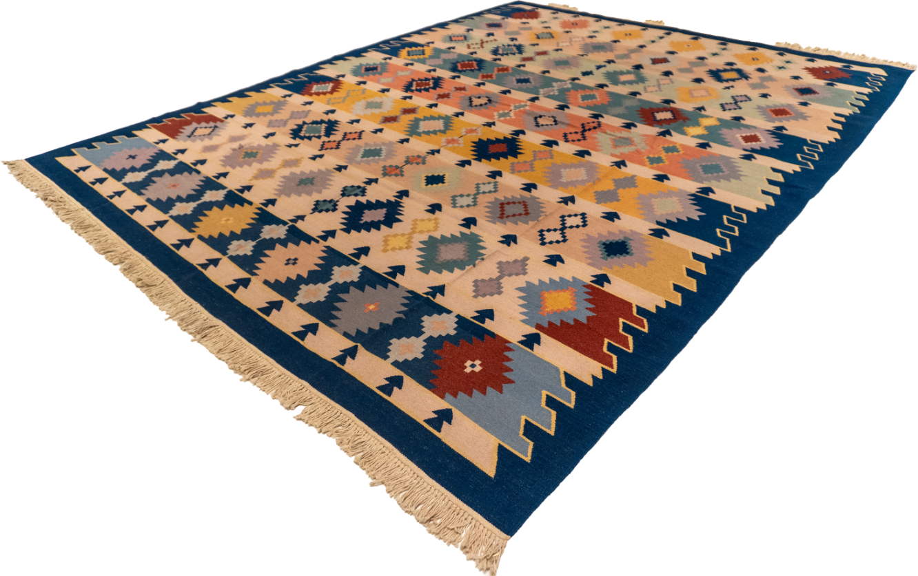 W 8.2 L 10.5 Kilim 100% Wool Hand-Woven Geometric Design - 19296