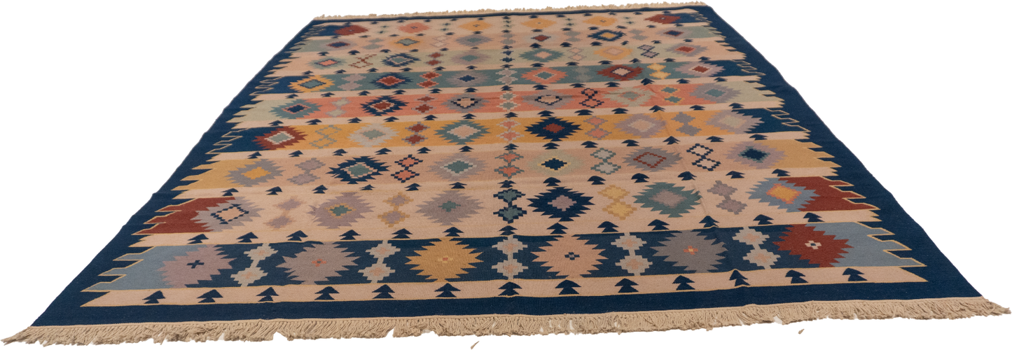 W 8.2 L 10.5 Kilim 100% Wool Hand-Woven Geometric Design - 19296