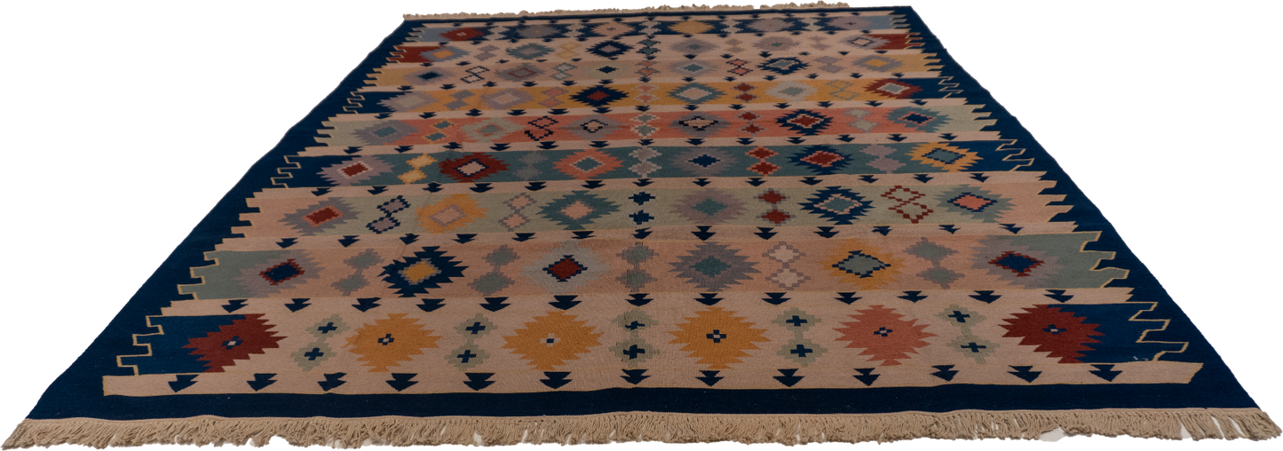W 8.2 L 10.5 Kilim 100% Wool Hand-Woven Geometric Design - 19296