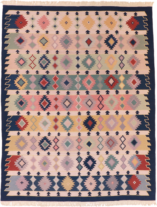 W 8.2 L 10.5 Kilim 100% Wool Hand-Woven Geometric Design - 19296