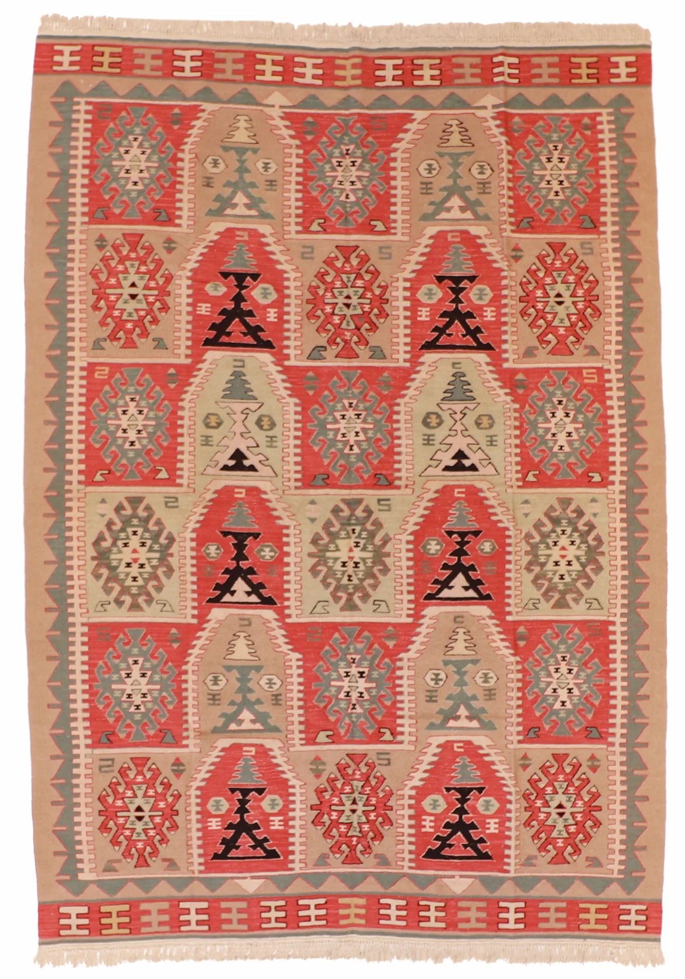 6.11 x 9.9 - Kilim Wool Geometric Rectangle - Finest Hand-Knotted Quality Wool — 19298