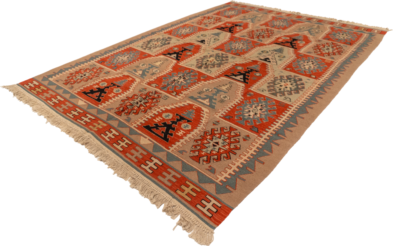 W 6.11 - L 9.9 - Kilim Wool Geometric Rectangle - Finest Hand-Made Quality Wool - 19298