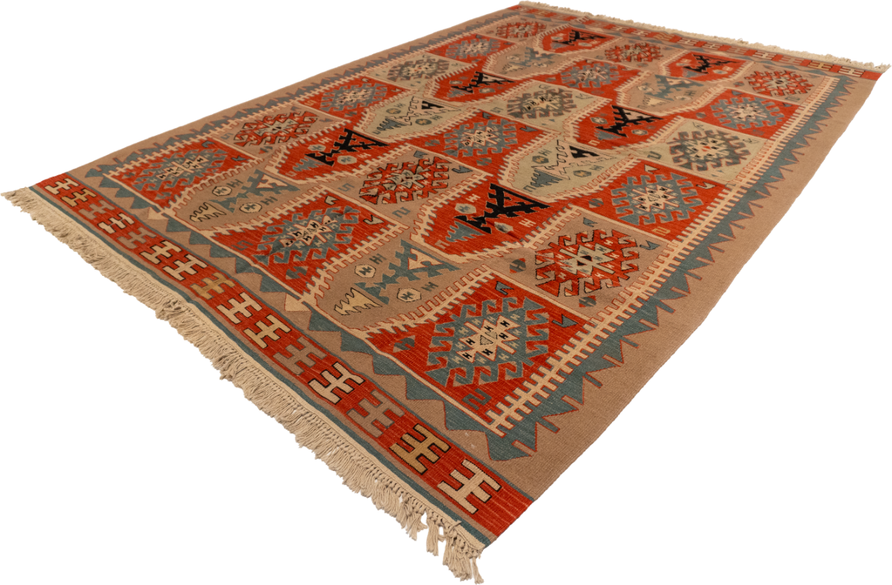 W 6.11 - L 9.9 - Kilim Wool Geometric Rectangle - Finest Hand-Made Quality Wool - 19298
