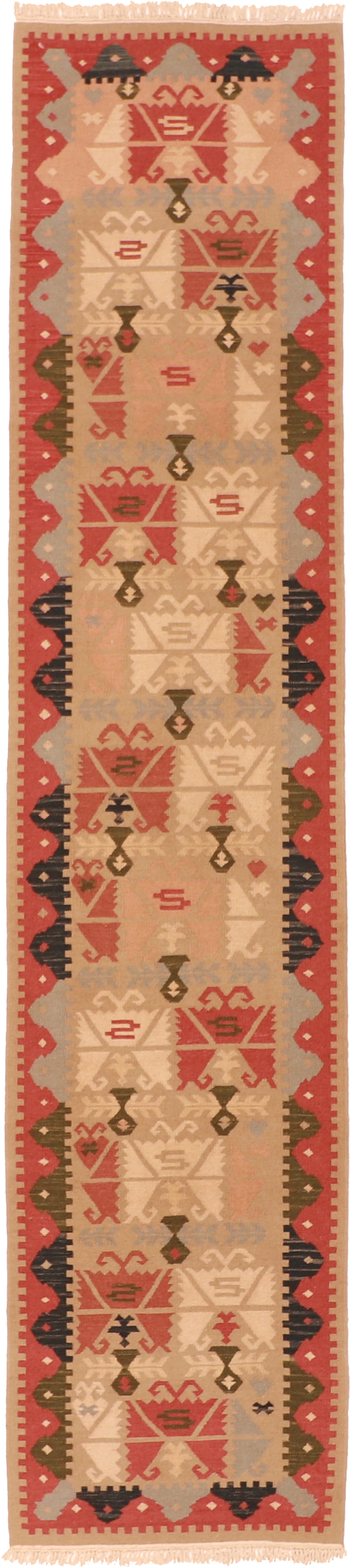 W 2.8 L 12.2 Kilim 100% Wool Hand-Woven Geometric Design - 19401