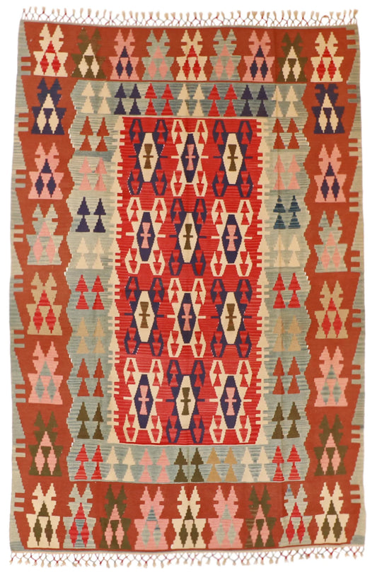 6.6 x 9.9 - Kilim Wool Geometric Rectangle - Finest Hand-Knotted Quality Wool — 19650