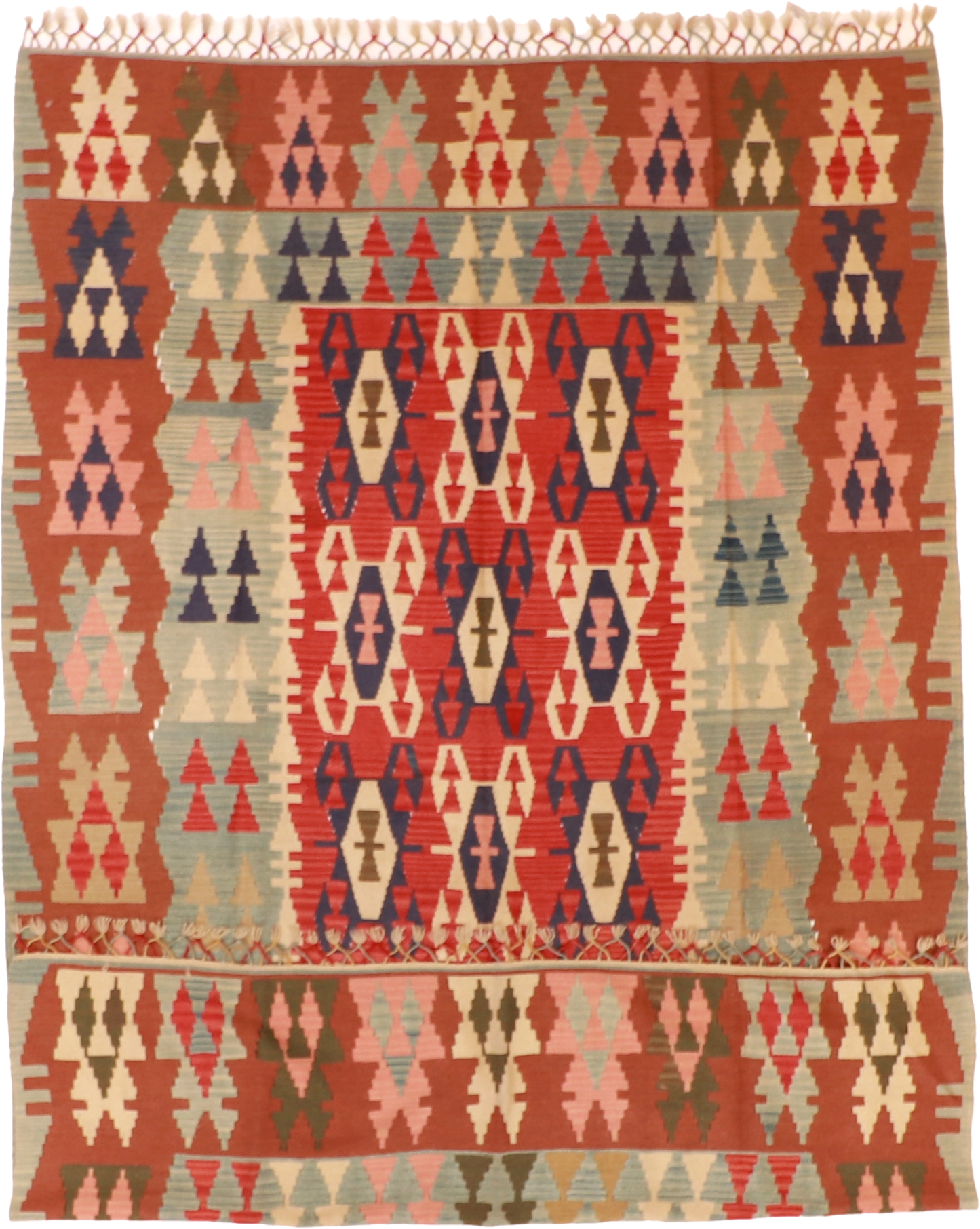 W 6.6 L 9.9 Kilim 100% Wool Hand-Woven Geometric Design - 19650