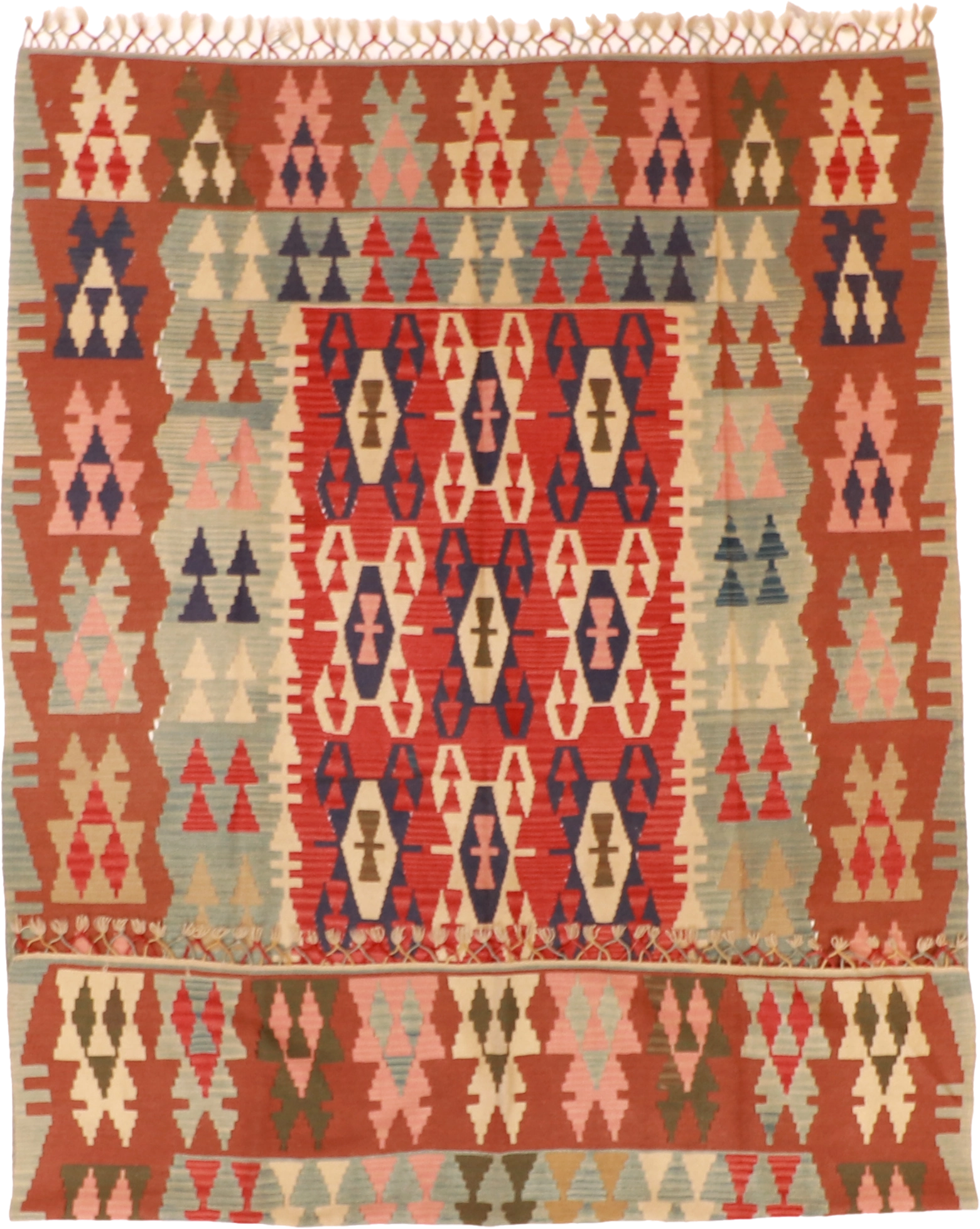 W 6.6 L 9.9 Kilim 100% Wool Hand-Woven Geometric Design - 19650