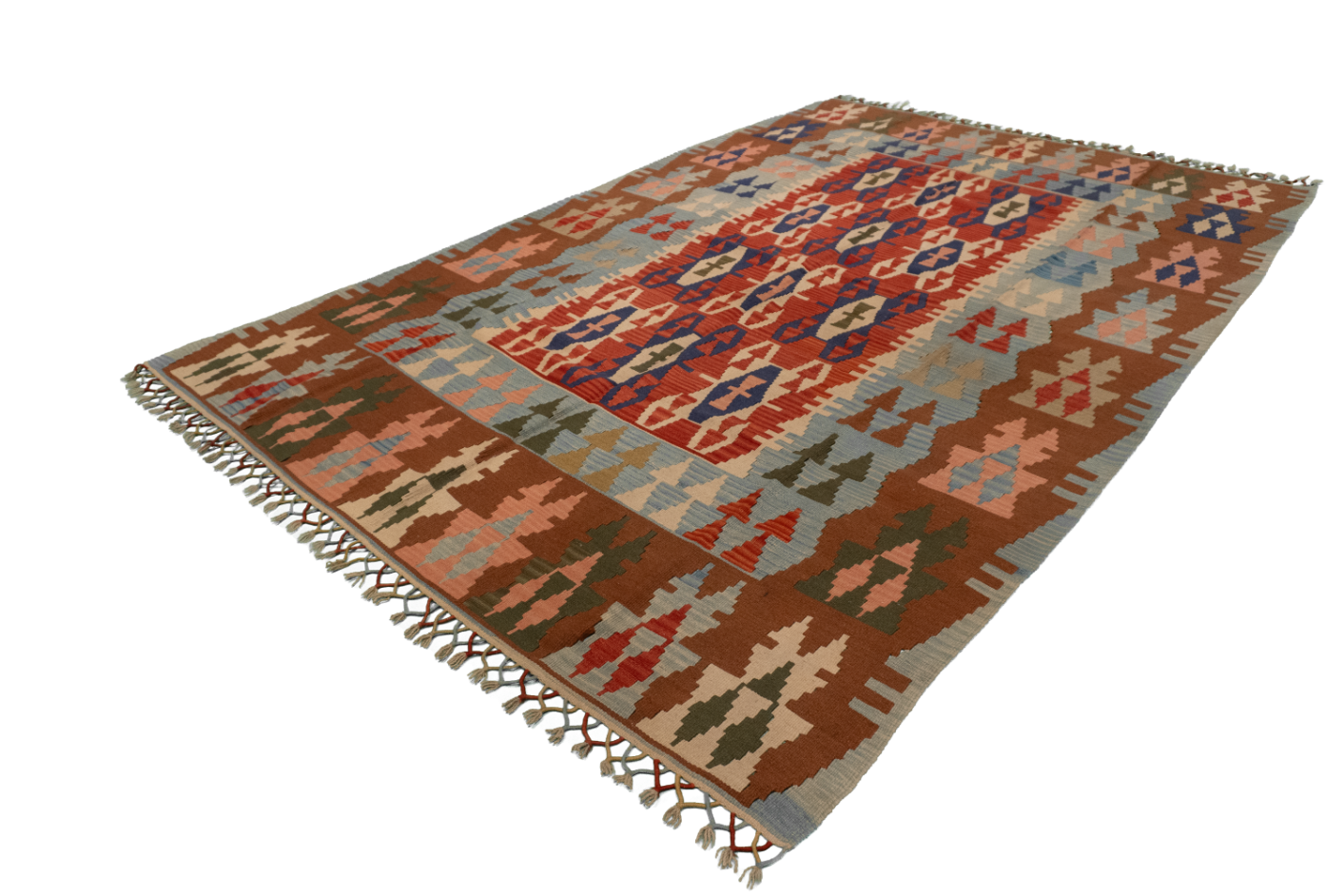 W 6.6 L 9.9 Kilim 100% Wool Hand-Woven Geometric Design - 19650
