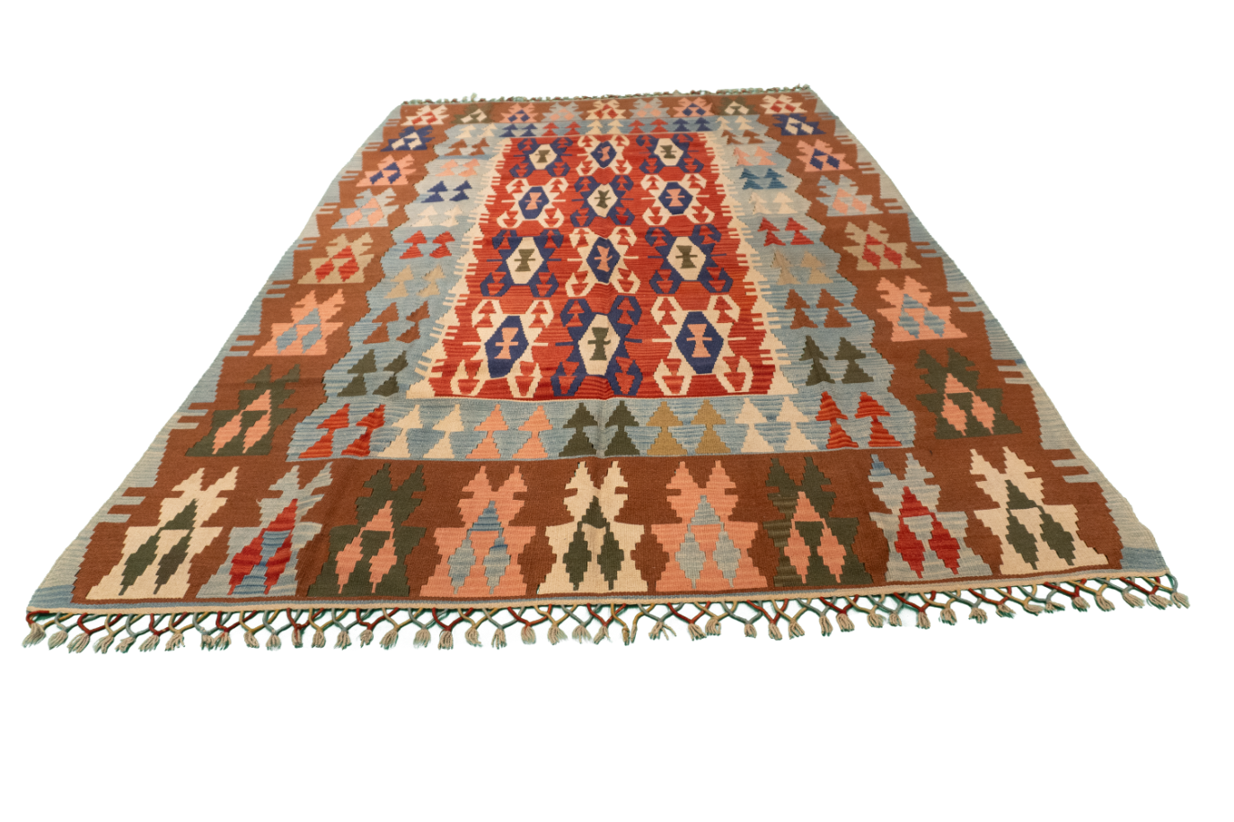 W 6.6 L 9.9 Kilim 100% Wool Hand-Woven Geometric Design - 19650