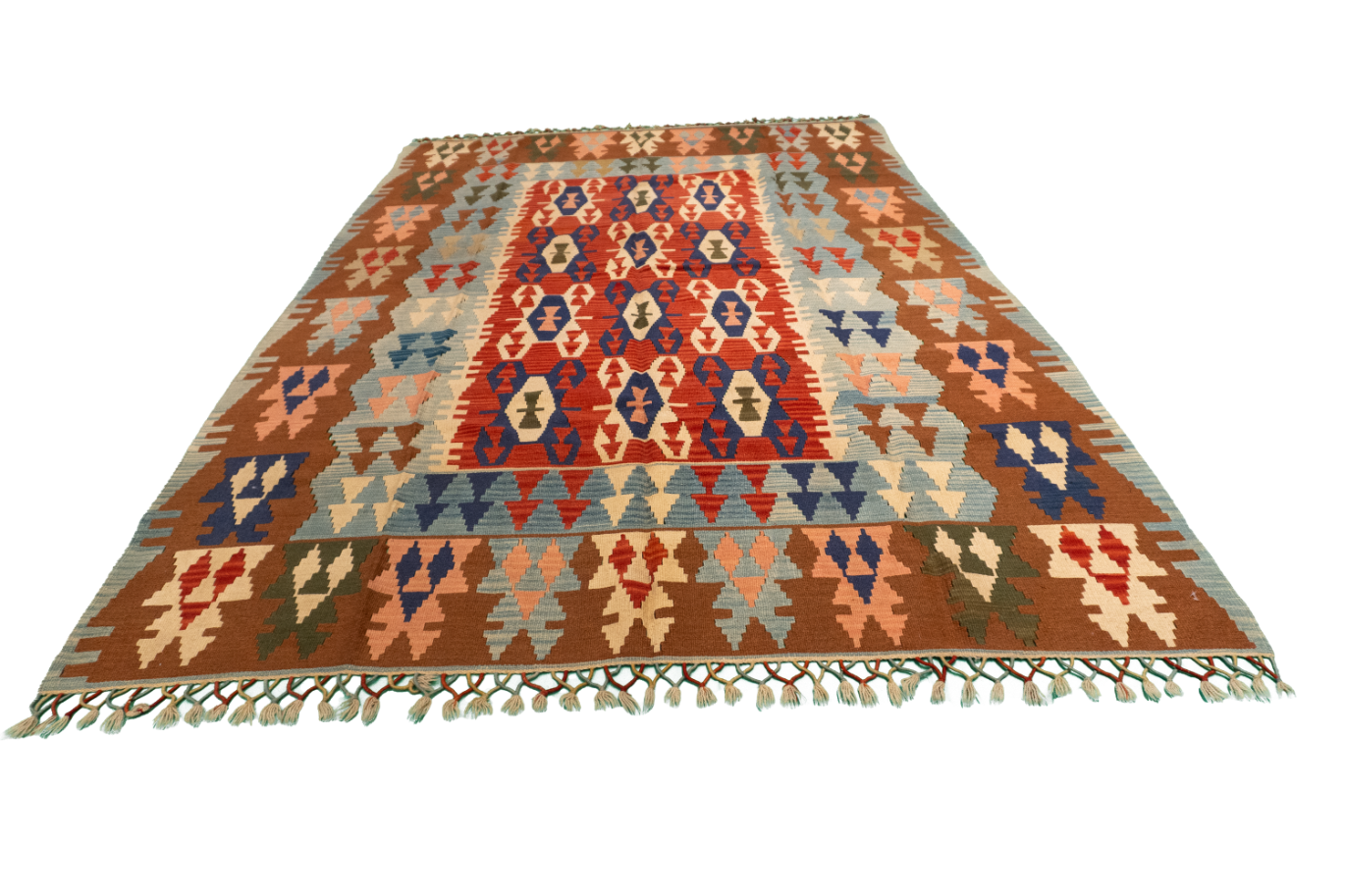 W 6.6 L 9.9 Kilim 100% Wool Hand-Woven Geometric Design - 19650