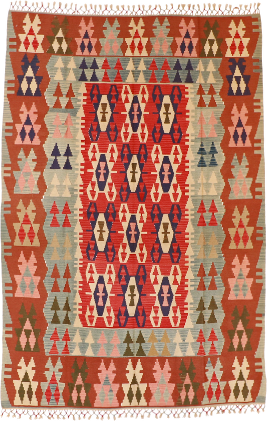 W 6.6 L 9.9 Kilim 100% Wool Hand-Woven Geometric Design - 19650