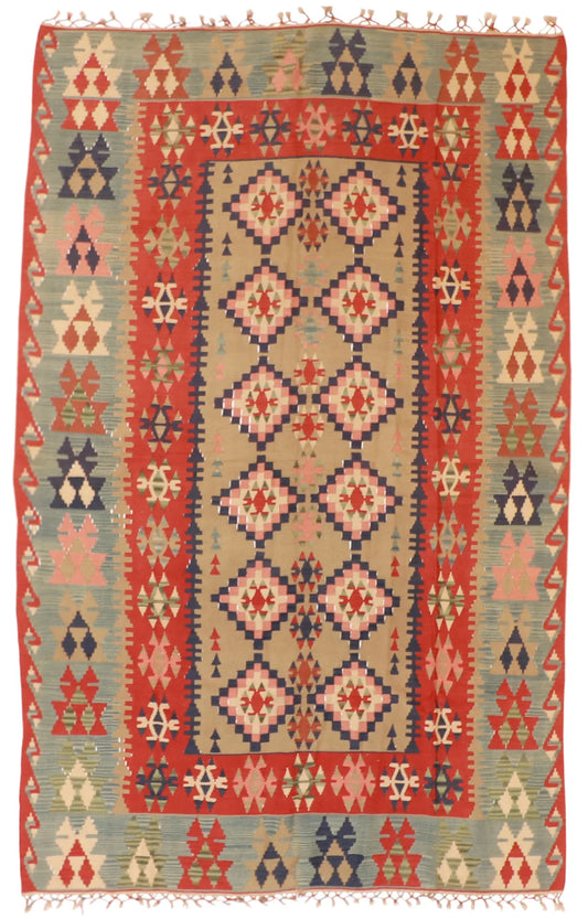 6.5 x 10.1 - Kilim Wool Geometric Rectangle - Finest Hand-Knotted Quality Wool — 20237