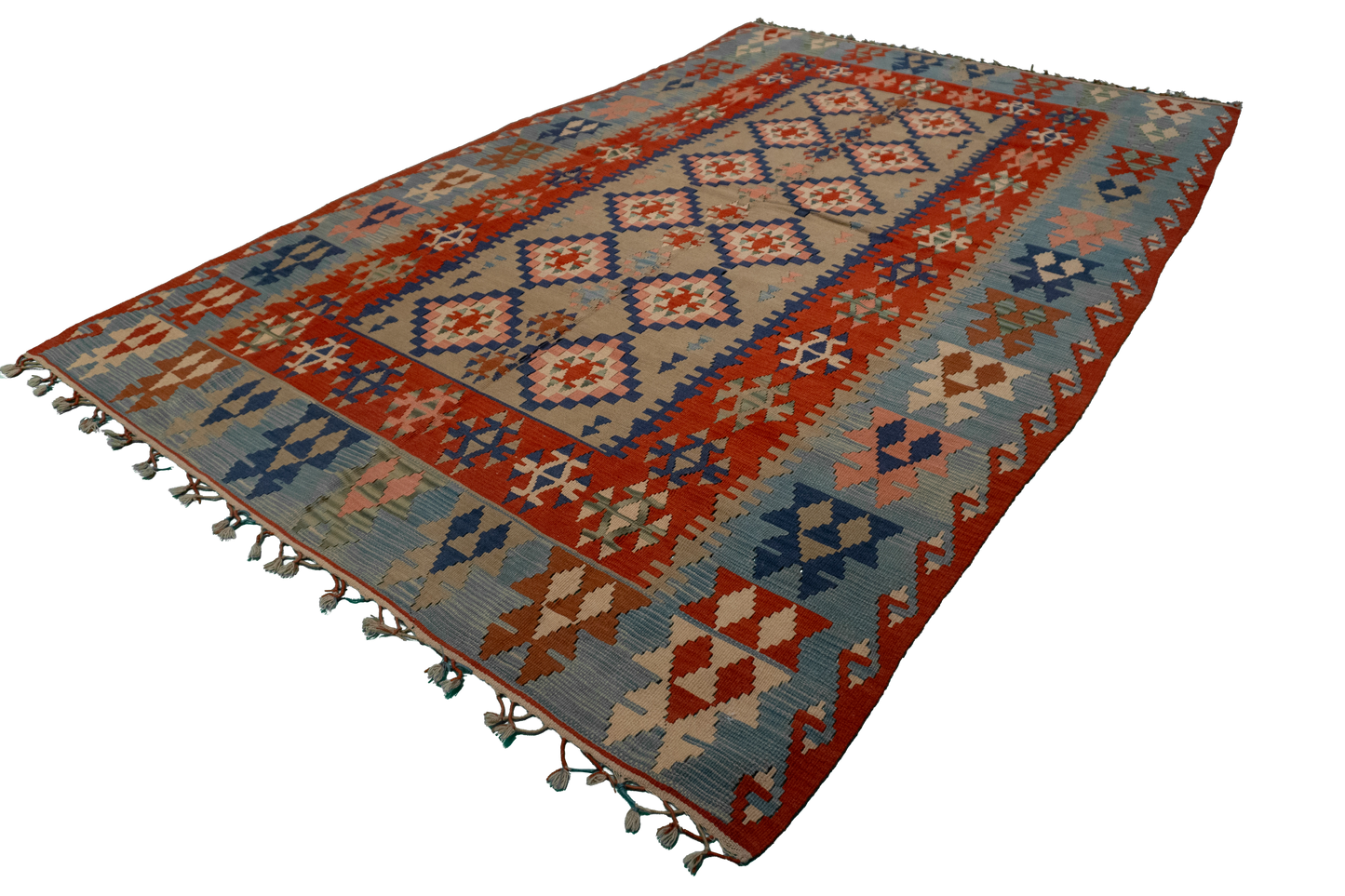 W 6.5 L 10.1 Kilim 100% Wool Hand-Woven Geometric Design - 20237