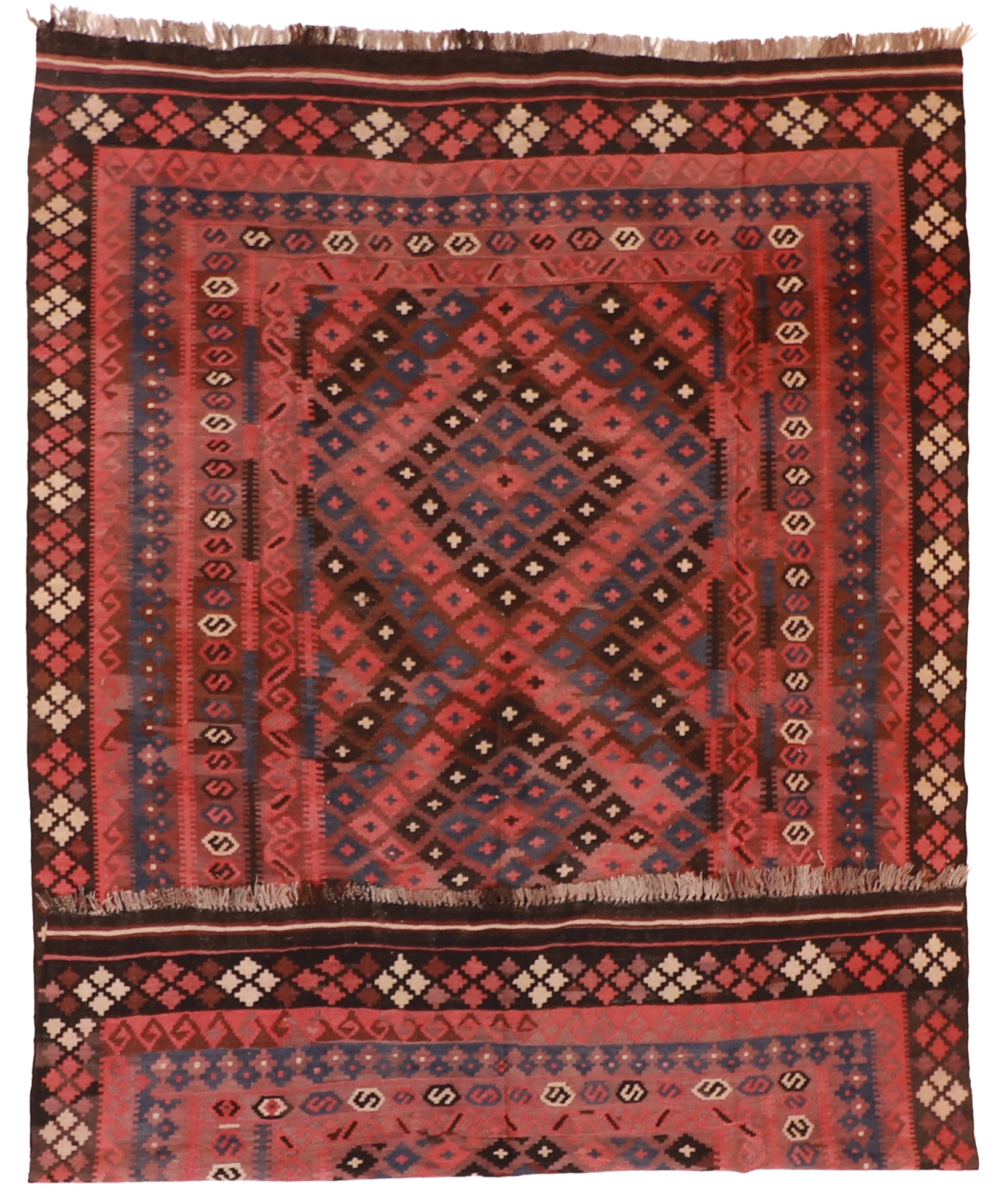 W 6.6 L 9.9 Kilim 100% Wool Hand-Woven Geometric Design - 20405