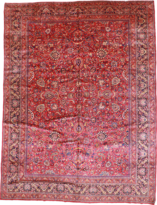 W 13.2 - L 17.4 - Mashad Silk All Over Rectangle - Finest Hand-Knotted Quality Wool - 22009