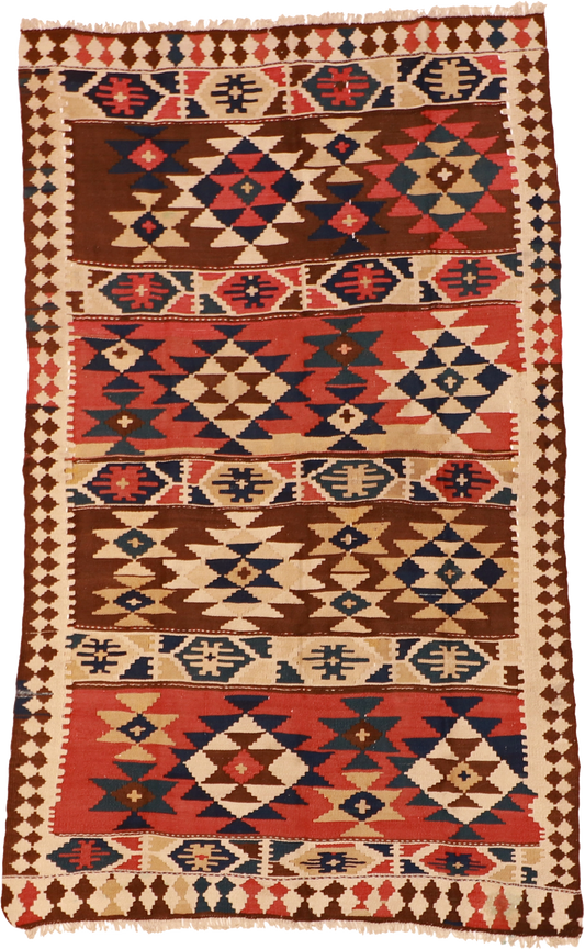 W 4.4 L 7 Azerbaijan 100% Wool Hand-Woven Geometric Design - 23813