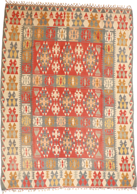 W 6.7 L 9 Kilim 100% Wool Hand-Woven All-Over Design - 23960