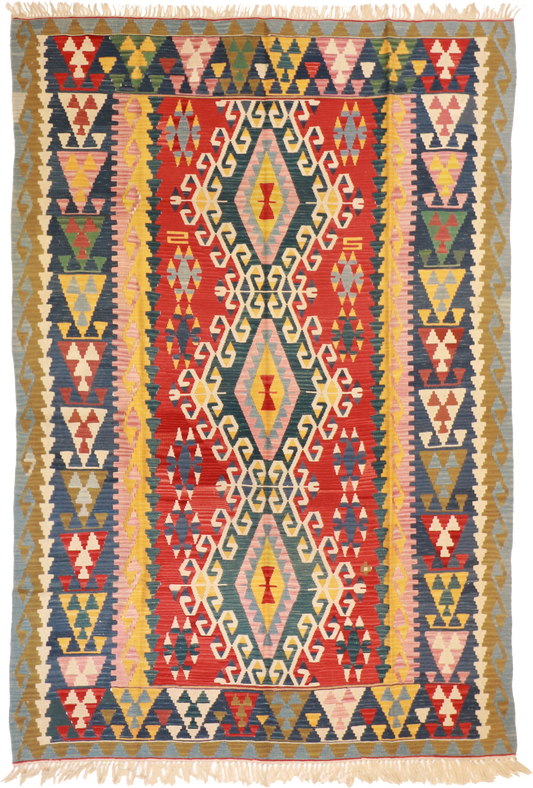 W 6.5 L 9.5 Kilim 100% Wool Hand-Woven All-Over Design - 23970