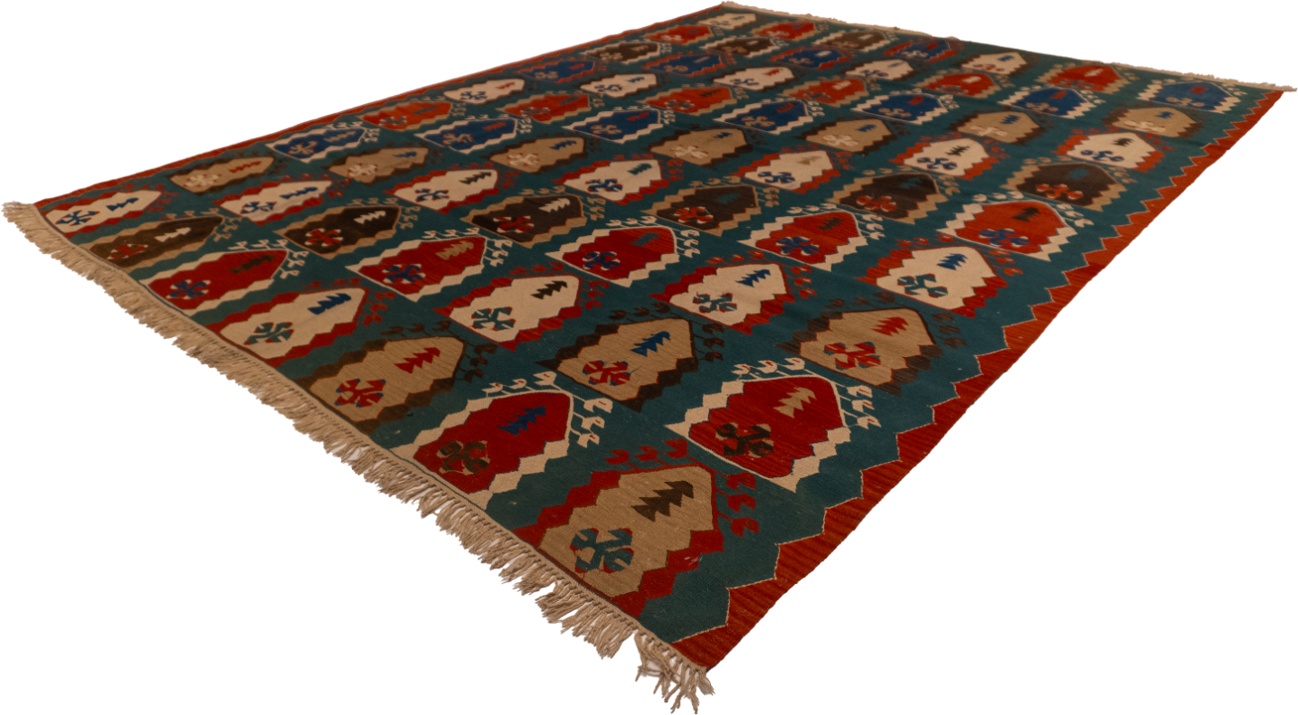 W 9.1 - L 11.9 - Kilim Wool Geometric Rectangle - Finest Hand-Made Quality Wool - 24362