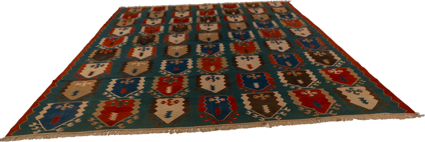 W 9.1 - L 11.9 - Kilim Wool Geometric Rectangle - Finest Hand-Made Quality Wool - 24362