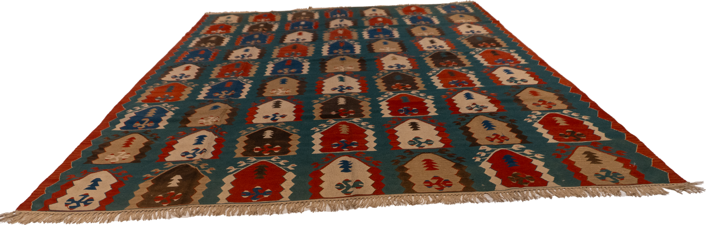 W 9.1 - L 11.9 - Kilim Wool Geometric Rectangle - Finest Hand-Made Quality Wool - 24362