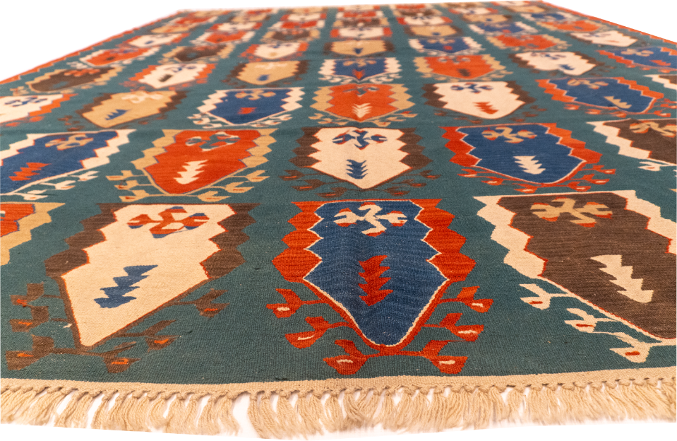 W 9.1 - L 11.9 - Kilim Wool Geometric Rectangle - Finest Hand-Made Quality Wool - 24362