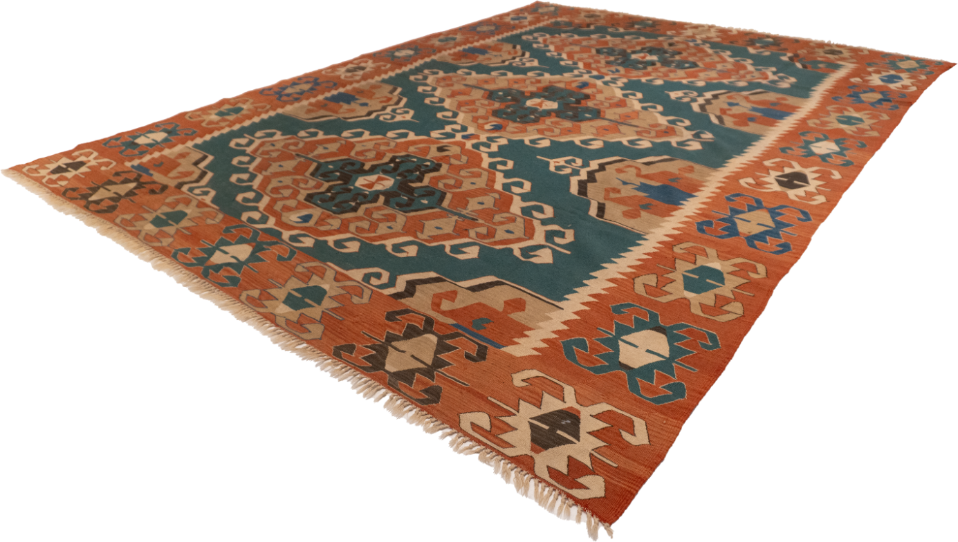 W 8.10 L 12.2 Kilim 100% Wool Hand-Woven Geometric Design - 24369