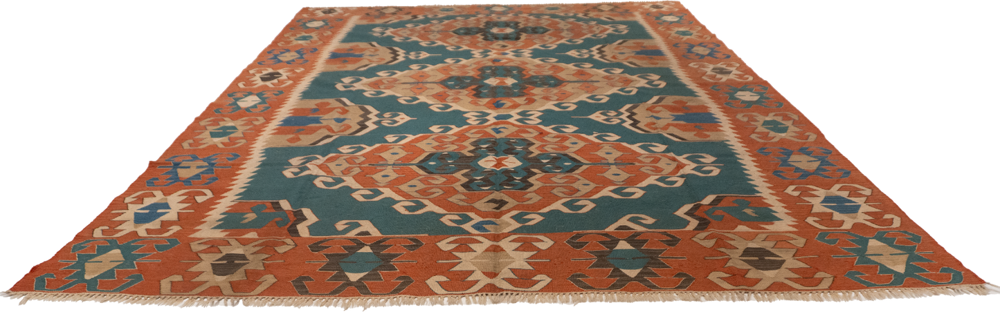 W 8.10 L 12.2 Kilim 100% Wool Hand-Woven Geometric Design - 24369