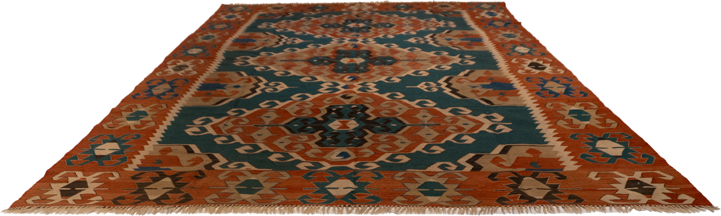 W 8.10 L 12.2 Kilim 100% Wool Hand-Woven Geometric Design - 24369