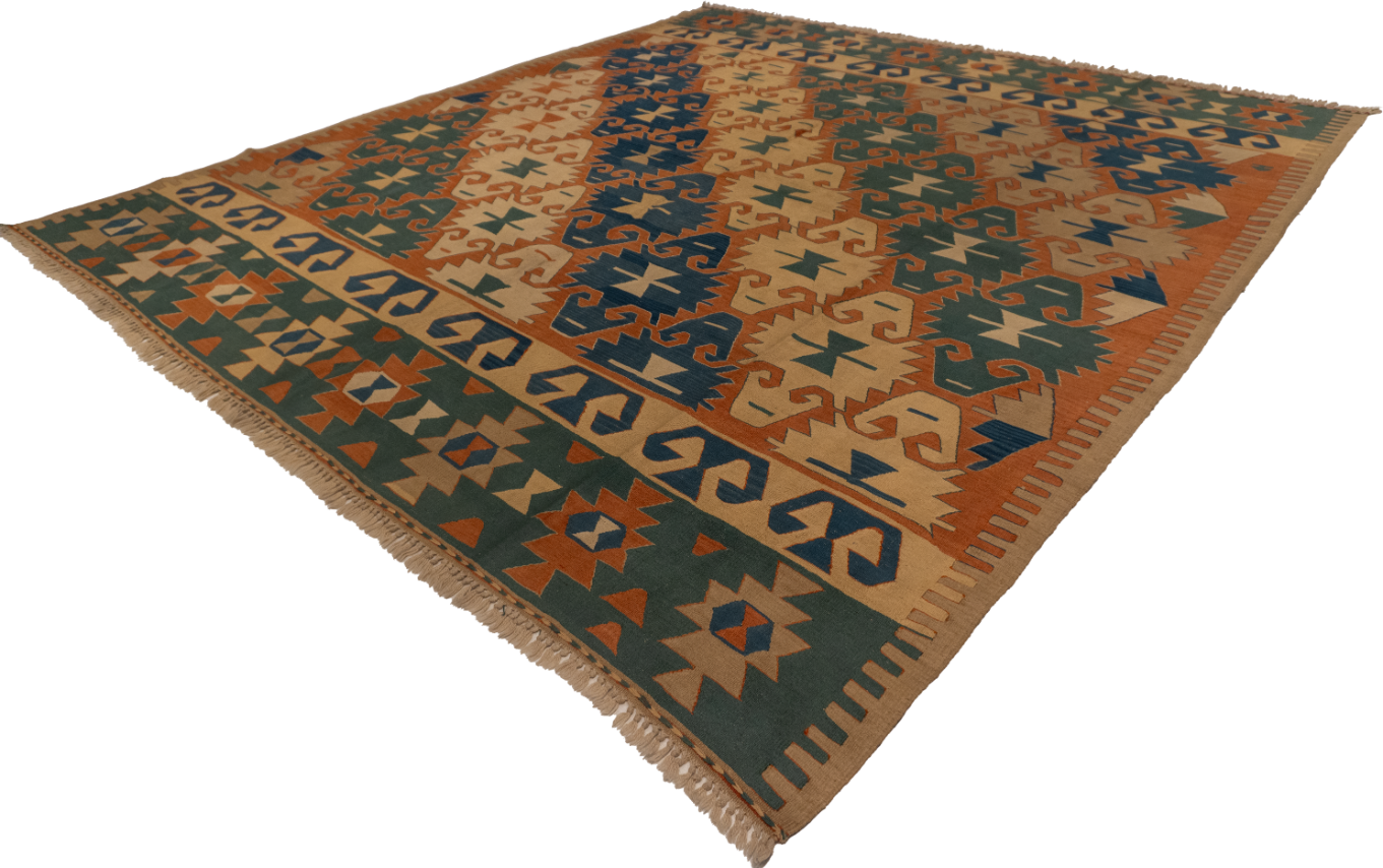 W 9.4 - L 10.5 - Kilim Wool All Over Square - Finest Hand-Made Quality Wool - 24373