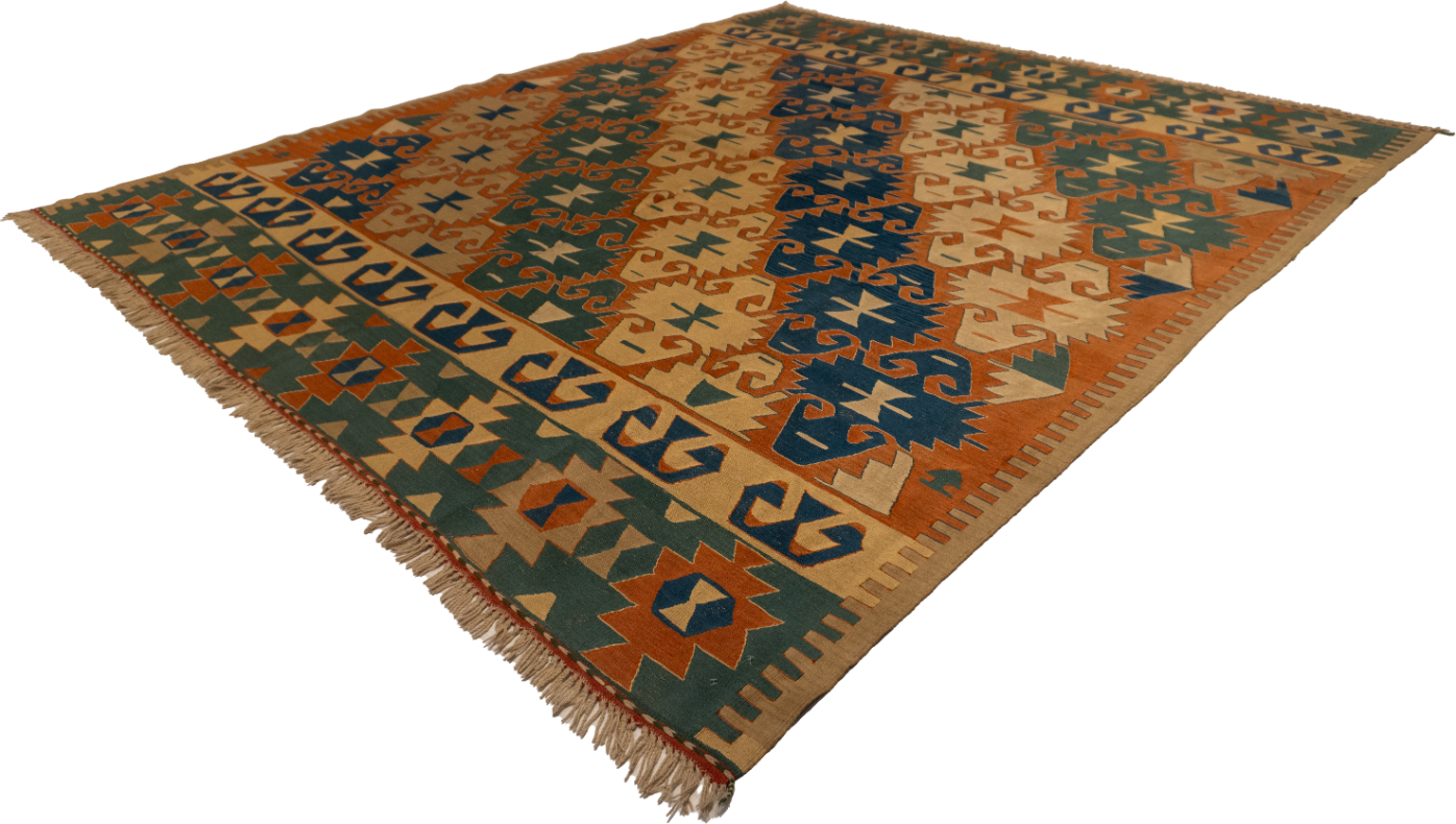 W 9.4 - L 10.5 - Kilim Wool All Over Square - Finest Hand-Made Quality Wool - 24373