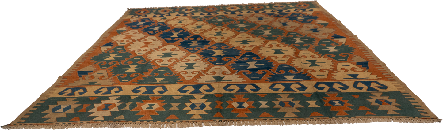 W 9.4 - L 10.5 - Kilim Wool All Over Square - Finest Hand-Made Quality Wool - 24373