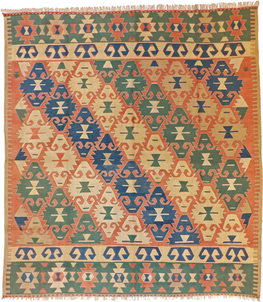 W 9.4 L 10.5 Kilim 100% Wool Hand-Woven All-Over Design - 24373