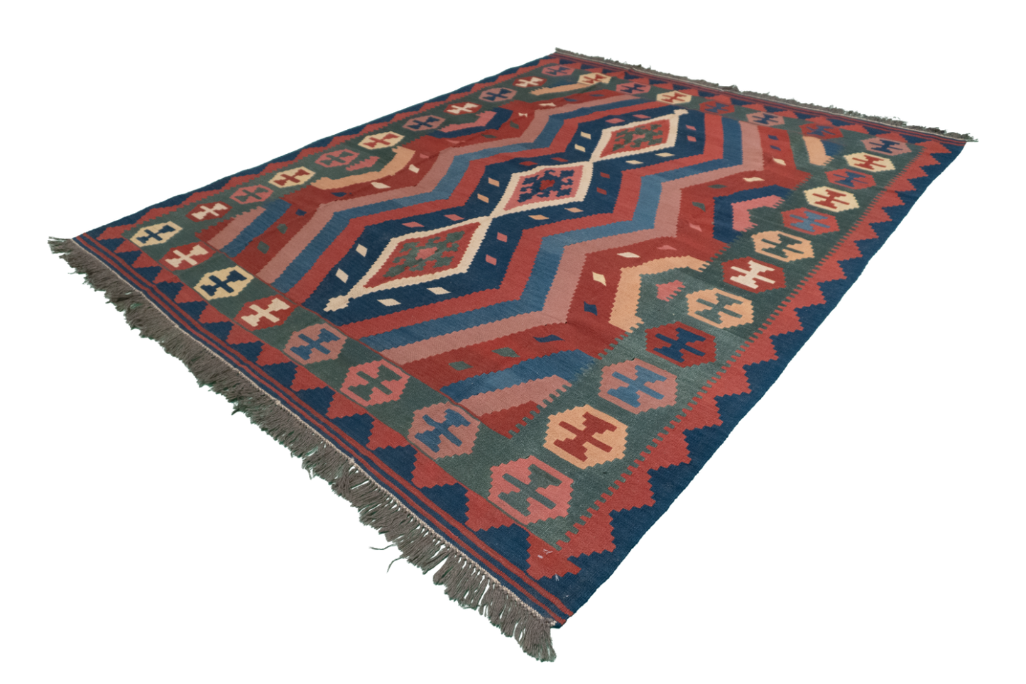 W 6.7 L 8.4 Kilim 100% Wool Hand-Woven Geometric Design - 24637