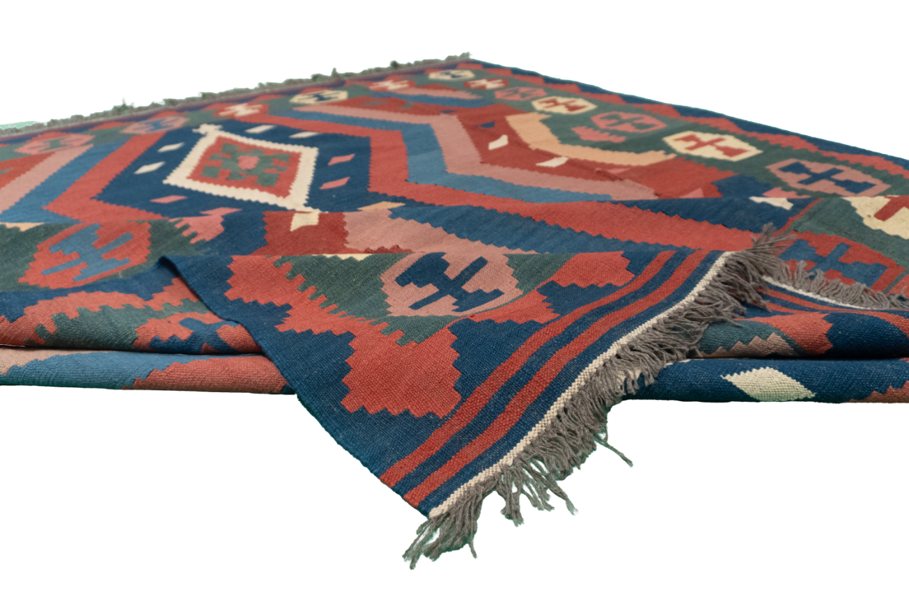 W 6.7 L 8.4 Kilim 100% Wool Hand-Woven Geometric Design - 24637