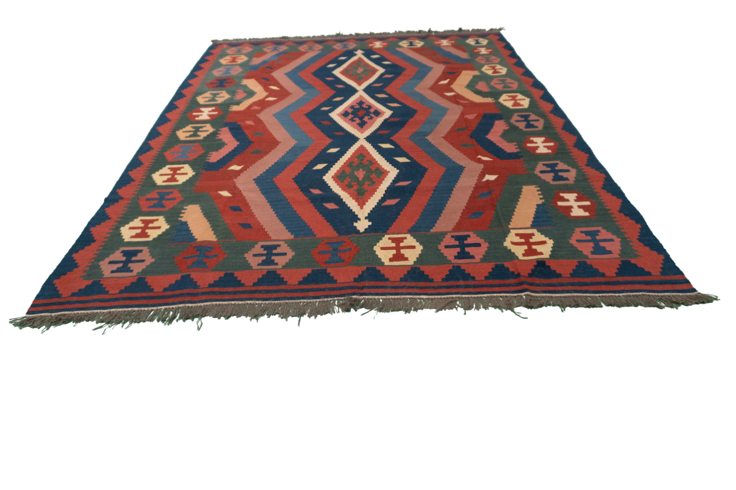 W 6.7 L 8.4 Kilim 100% Wool Hand-Woven Geometric Design - 24637