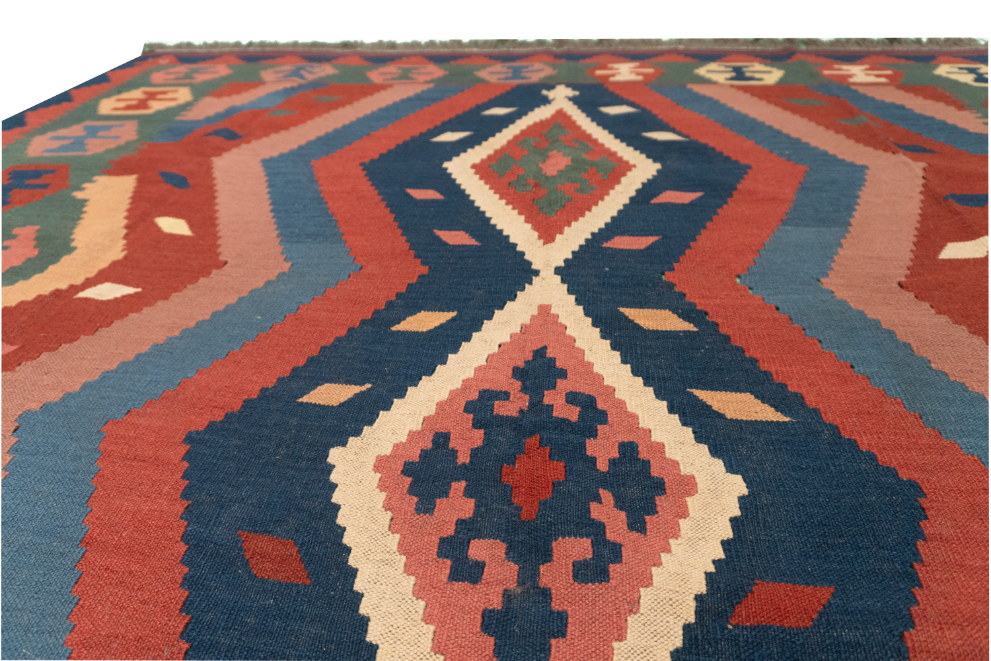 W 6.7 L 8.4 Kilim 100% Wool Hand-Woven Geometric Design - 24637