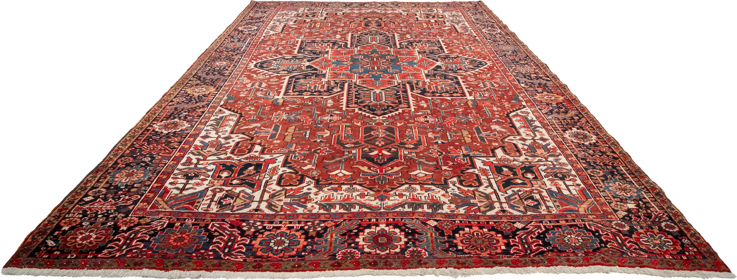 W 9.8 L 12.3 Heriz 100% Wool Hand-Woven Geometric Design - 24826