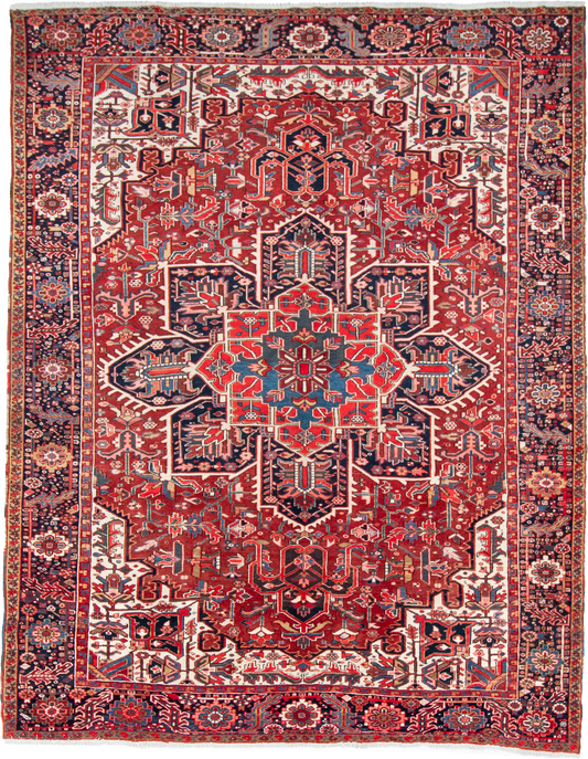 W 9.8 L 12.3 Heriz 100% Wool Hand-Woven Geometric Design - 24826