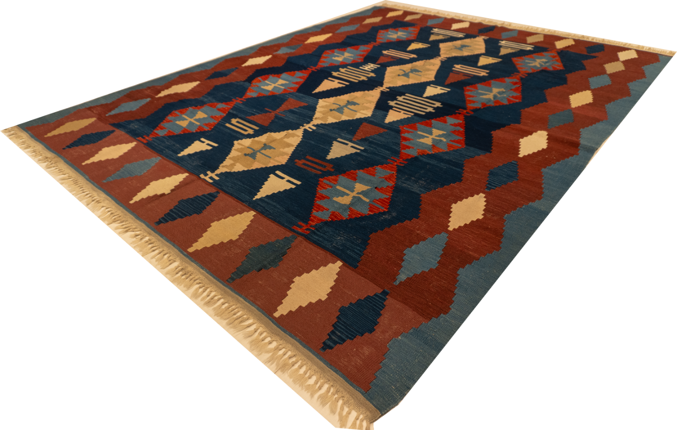 W 8.5 L 11.2 Kilim 100% Wool Hand-Woven Geometric Design - 25305