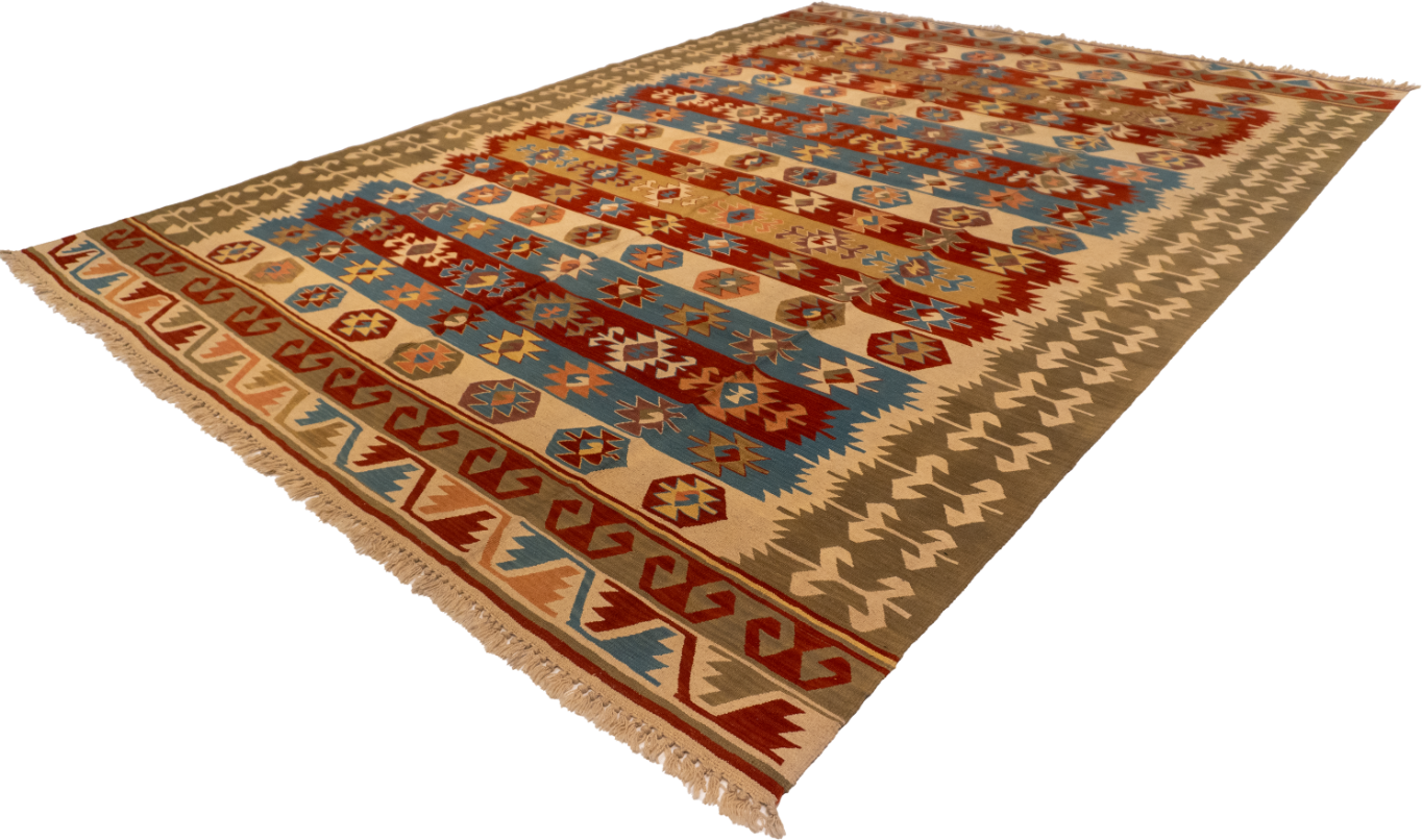 W 8.11 L 12.5 Kilim 100% Wool Hand-Woven All-Over Design - 26078