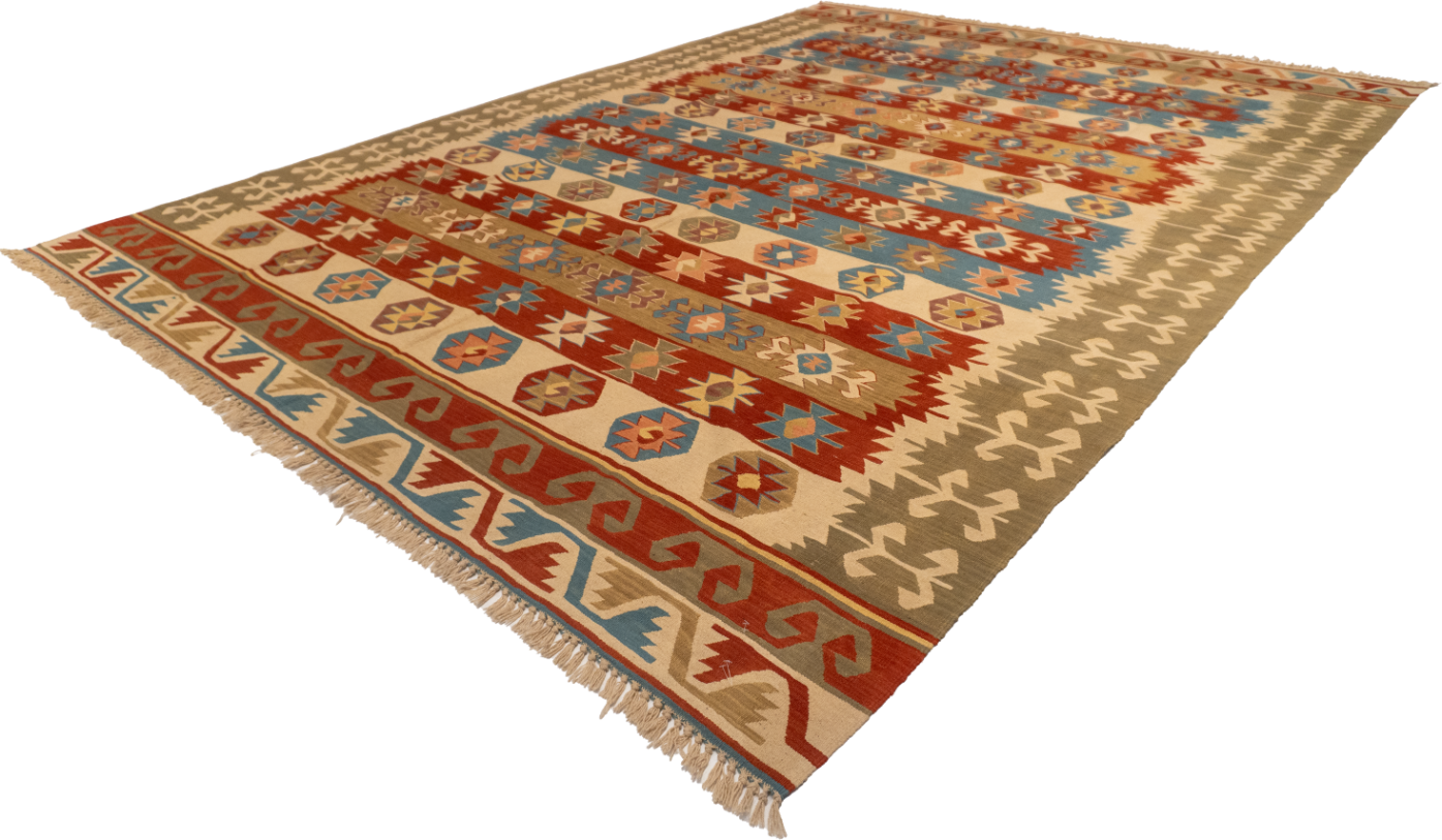 W 8.11 L 12.5 Kilim 100% Wool Hand-Woven All-Over Design - 26078