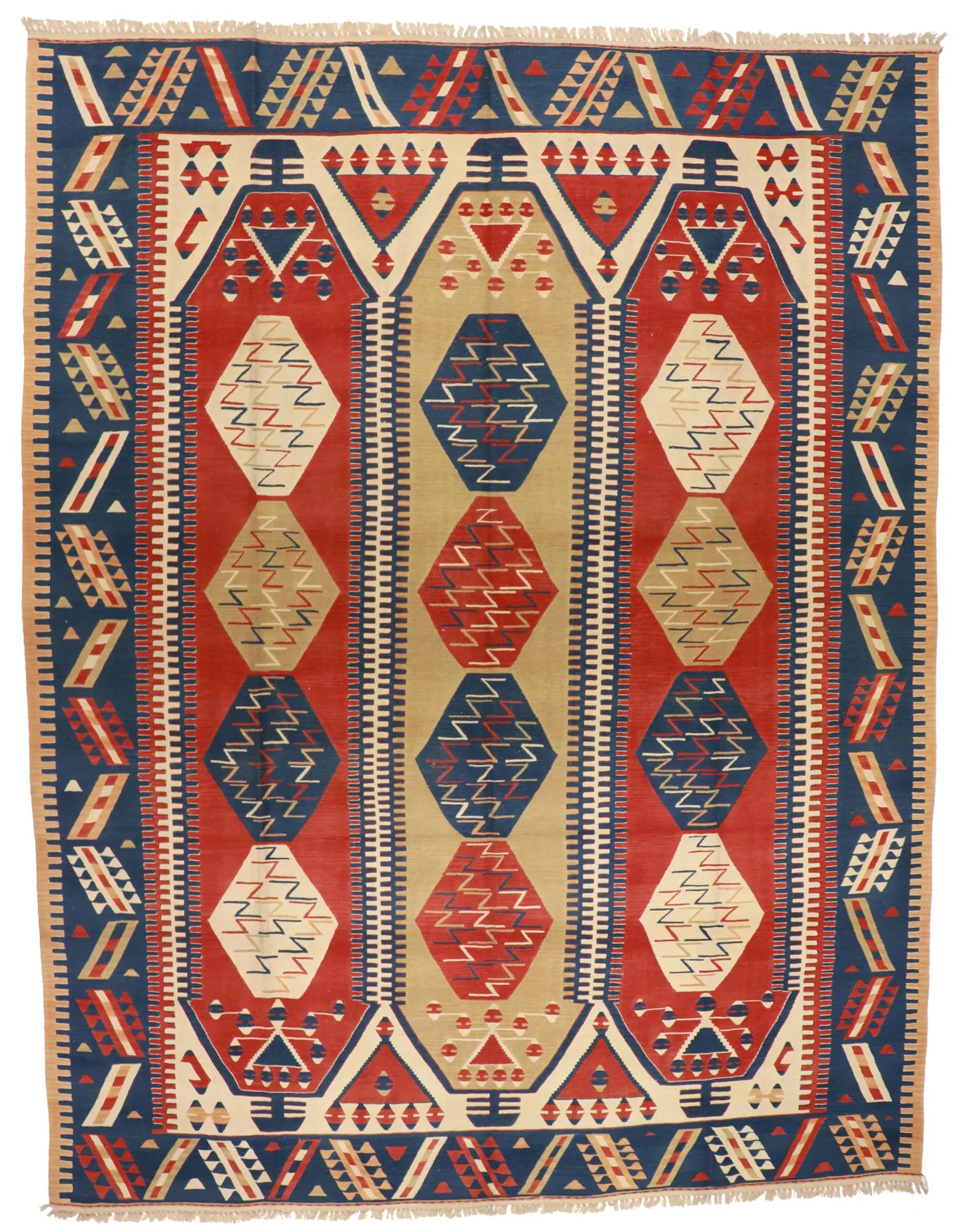 9.9 x 12.8 - Kilim Wool Geometric Rectangle - Finest Hand-Knotted Quality Wool — 26089