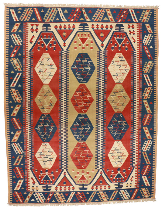 9.9 x 12.8 - Kilim Wool Geometric Rectangle - Finest Hand-Knotted Quality Wool — 26089